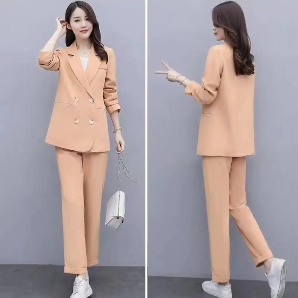 Women Spring Coat Elegant Women\'s Business Suit Set with Double-breasted Coat High Waist Pants for Formal Office Wear Commute