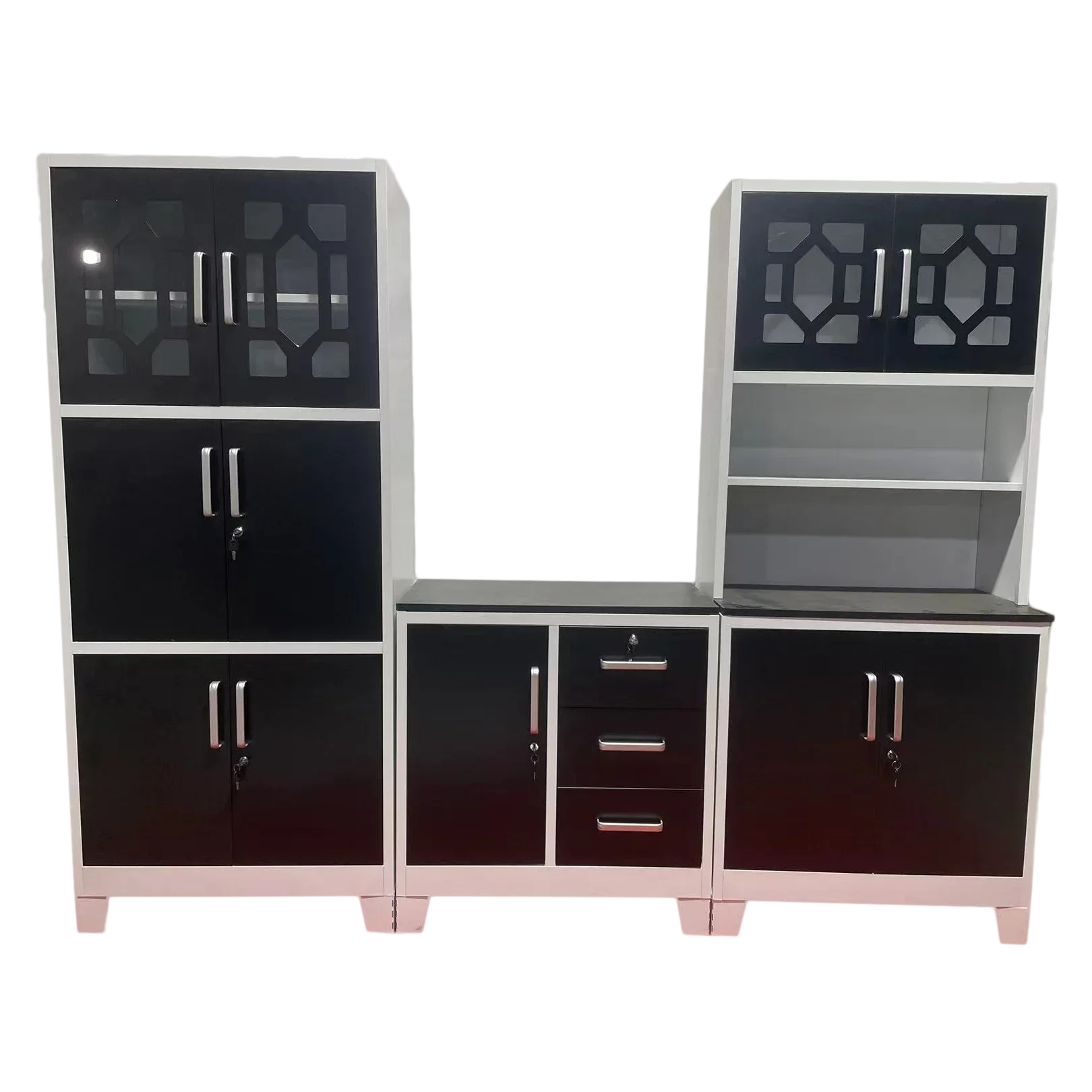 Metal Kitchen Units 3 Pieces Storage Cabinets 6 Doors Steel Cupboard Set