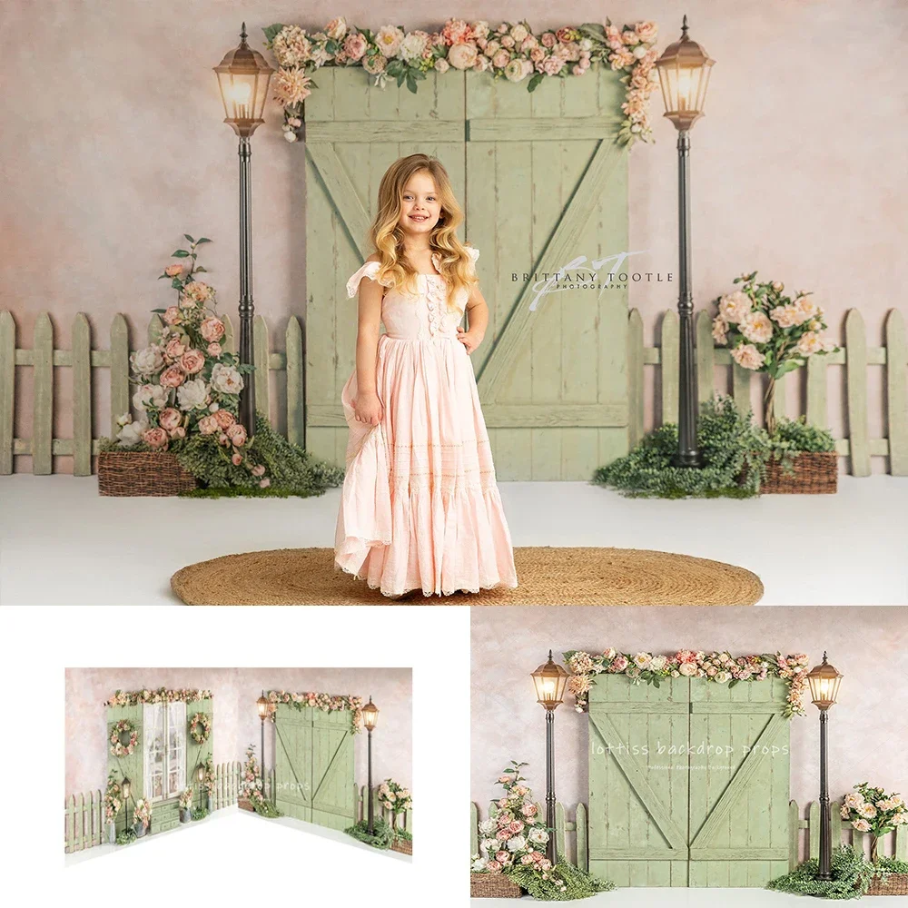 

Spring Romantic Flower Wooden Door Backdrops Girl Kids Photography Props Child Adult Photocall Baby Cake Smash Props Background