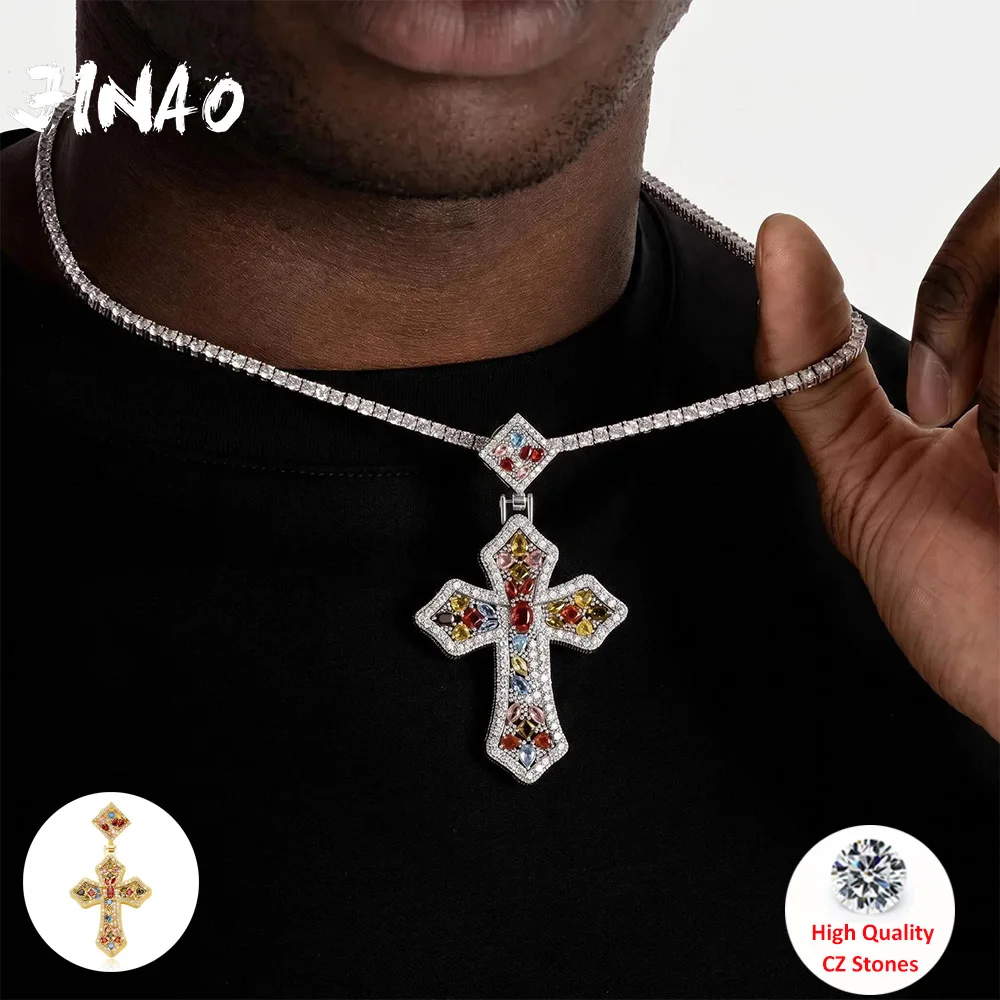 

JINAO NEW Colorful Rainbow Holy Cross Pendant Hip Hop Iced out AAA+ Cubic Zircon Necklace Man‘s Luxury Jewelry Gift