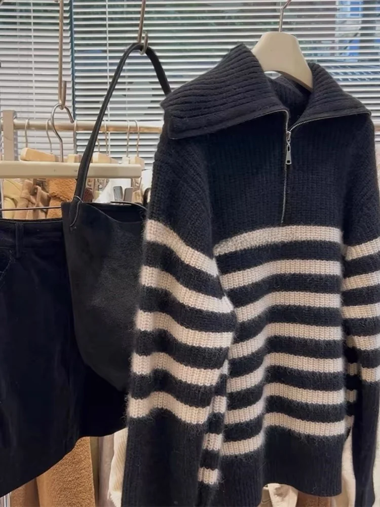 

Женский свободный крой, трикотаж на молнии, повседневный удобный осенне-зимний свитер с высоким воротником, длинный све, теплый уютный шерстяной топ