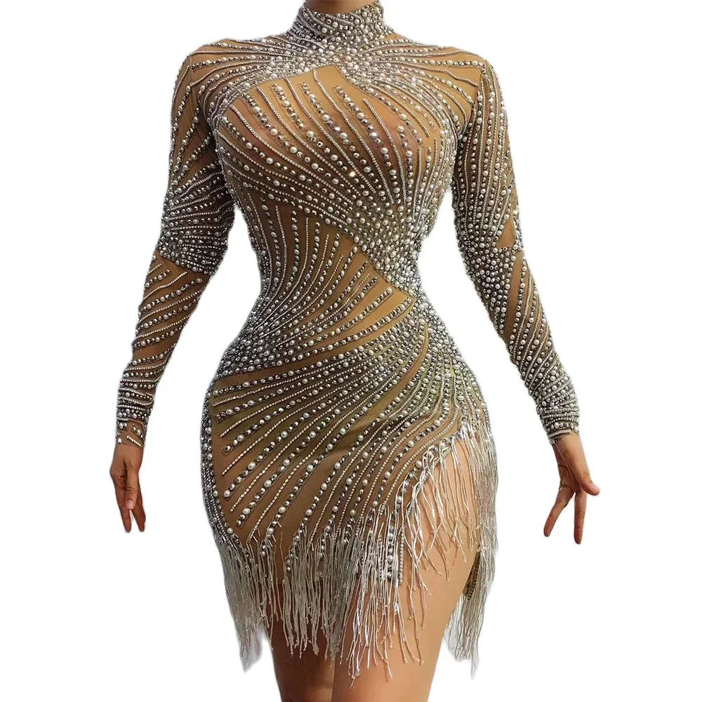 

Shining Rhinestone Pearls Tassel Women Birthday Dress Tight Stretch Nightclub Costumes Drag Queen Outfit 2022 New