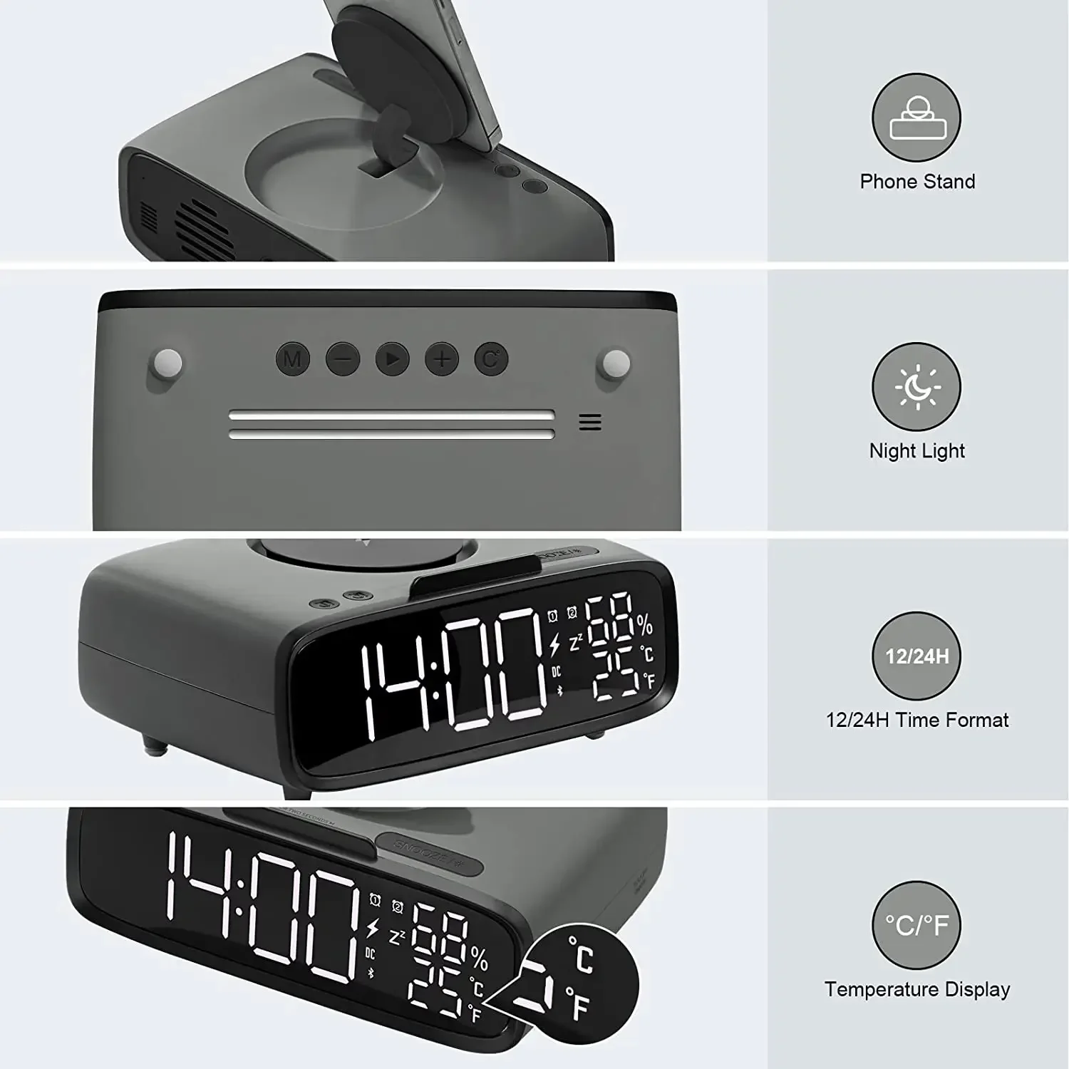 Bluetooth Speaker  Wireless Charging Dual Alarm Clock  Bedroom Temperature Display 3-level Brightness Digital Clock  Night Light