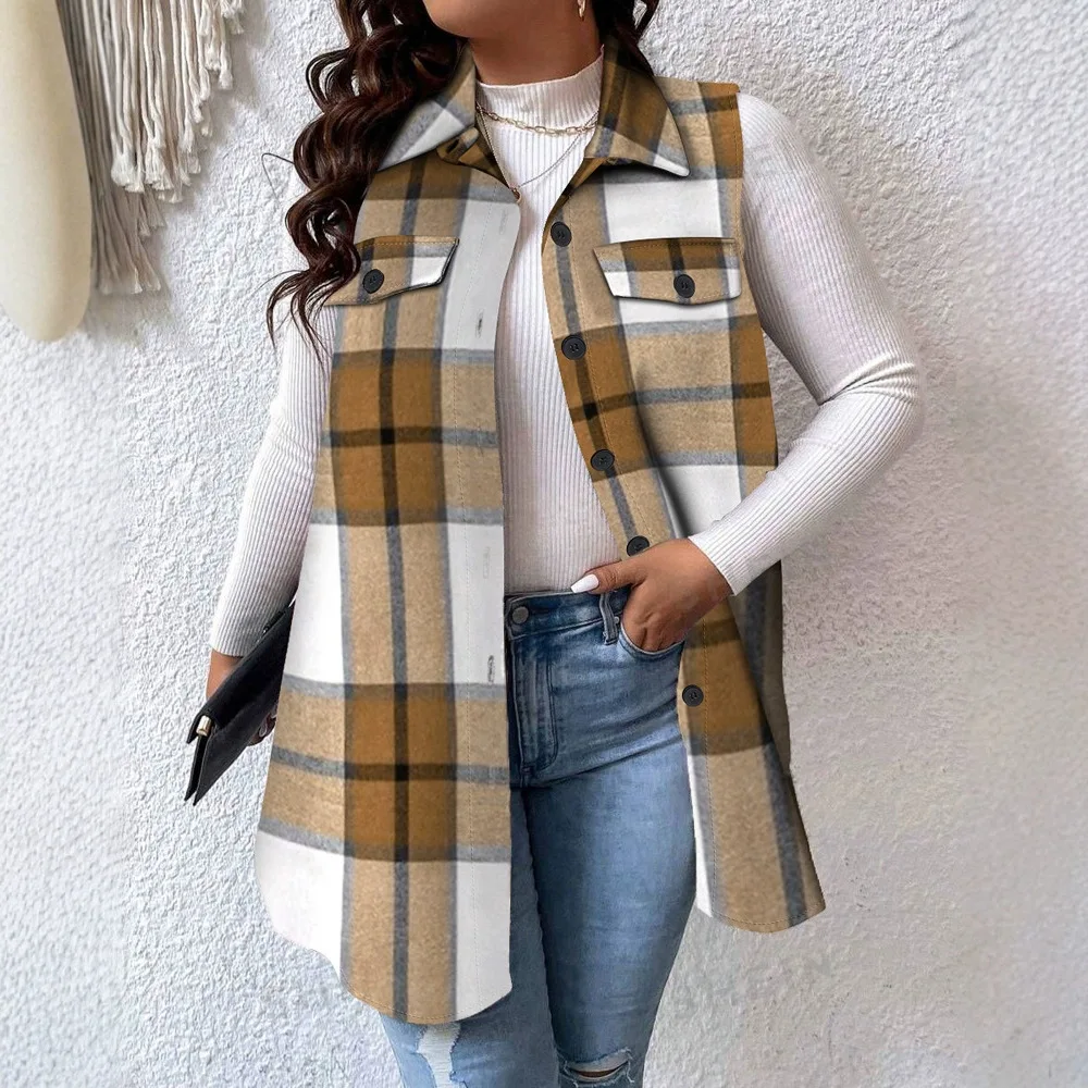 Women Vest 2024 Autumn Winter Spring New Fashion Casual Coat Elegant Fashion Casual Plaid Flap Detail Sleeveless Jacket Female