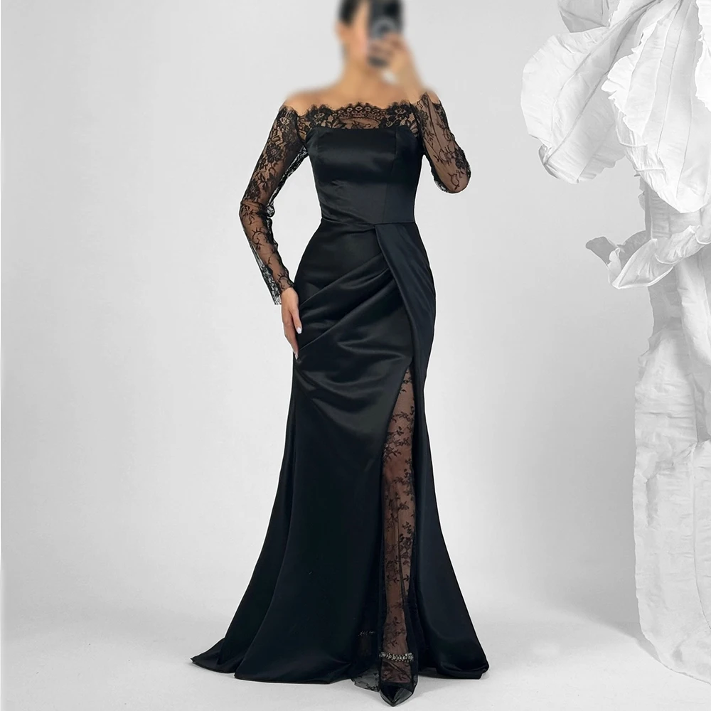 

Вечерние платья трапециевидной формы по индивидуальному заказу, длиной до пола, с открытыми плечами, с длинными рукавами, платье для выпускного вечера, модное кружевное плиссированное драпированное вечернее платье