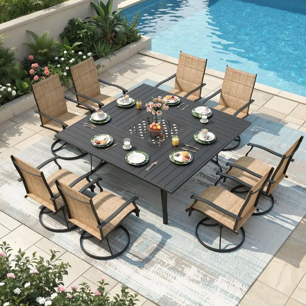 

9 Pieces Patio Table and Chairs Set, 59.6" Square Dining Table with Umbrella Hole, 8 High Back Textilene Swivel Chairs,Dining Ta