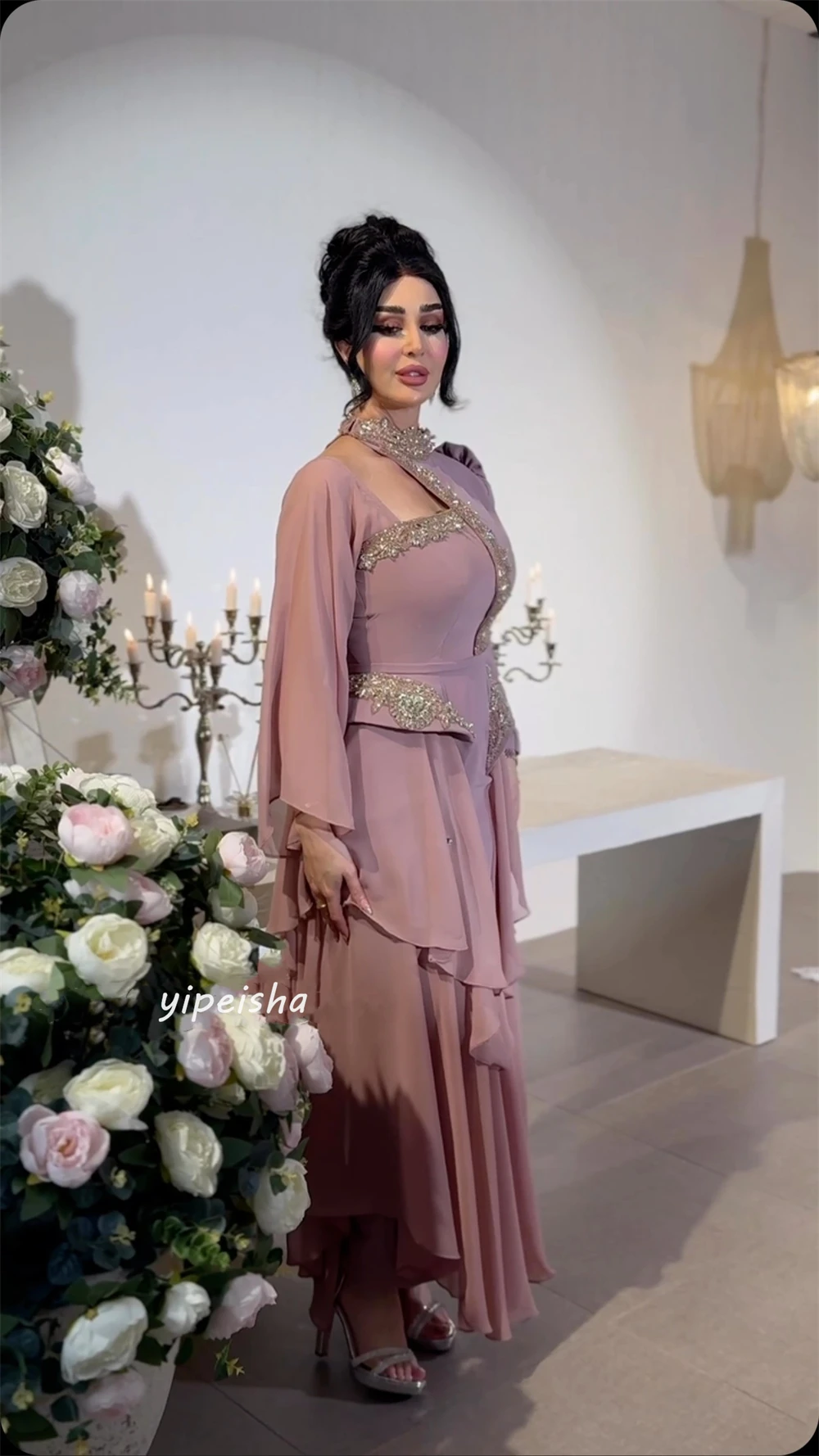  Jersey Draped Beading Ruched Christmas A-line High Collar Bespoke Occasion Gown Midi Dresses Saudi Arabia Evening