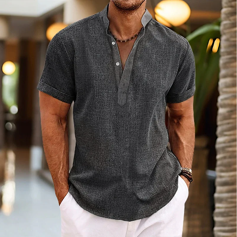 Chemise à manches courtes pour homme avec col mandarin et texture en lin, patte de boutonnage Henley