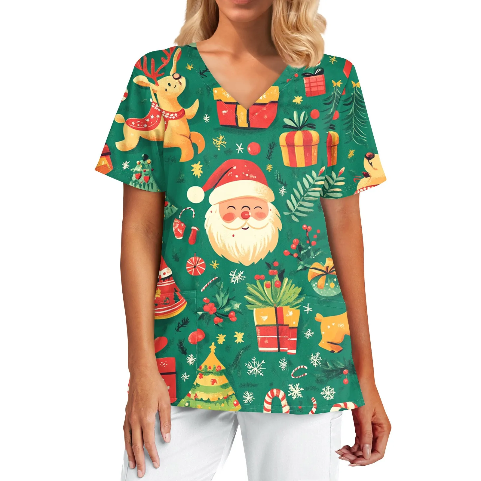 Uniforme sanitário mulher bonito papai noel estampas com decote em v bolsos de manga curta em material micro-elástico topos uniformes clínicos