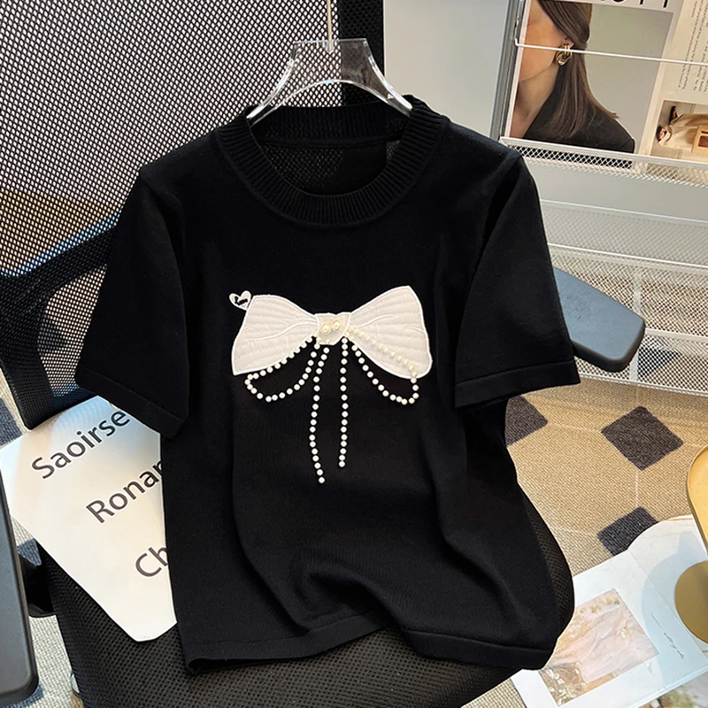 New Summer Luxury Design perline Bowknot manica corta t-shirt in maglia 2024 moda coreana sottile Casual donna maglieria top Tees