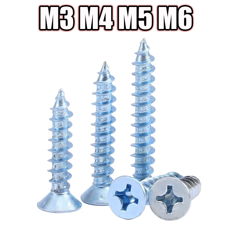 

Саморезы с потайной головкой и крестообразной головкой M3 M4 M5 M6, синий цинк, крестообразный плоский шуруп по дереву, саморезы из углеродистой стали