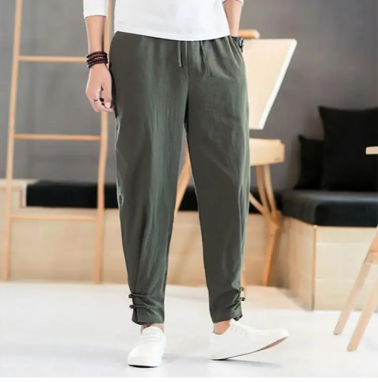Retro Chinese Style Cotton and Linen Trousers for Men Loose Buckles Tying Feet Harun Casual Pants