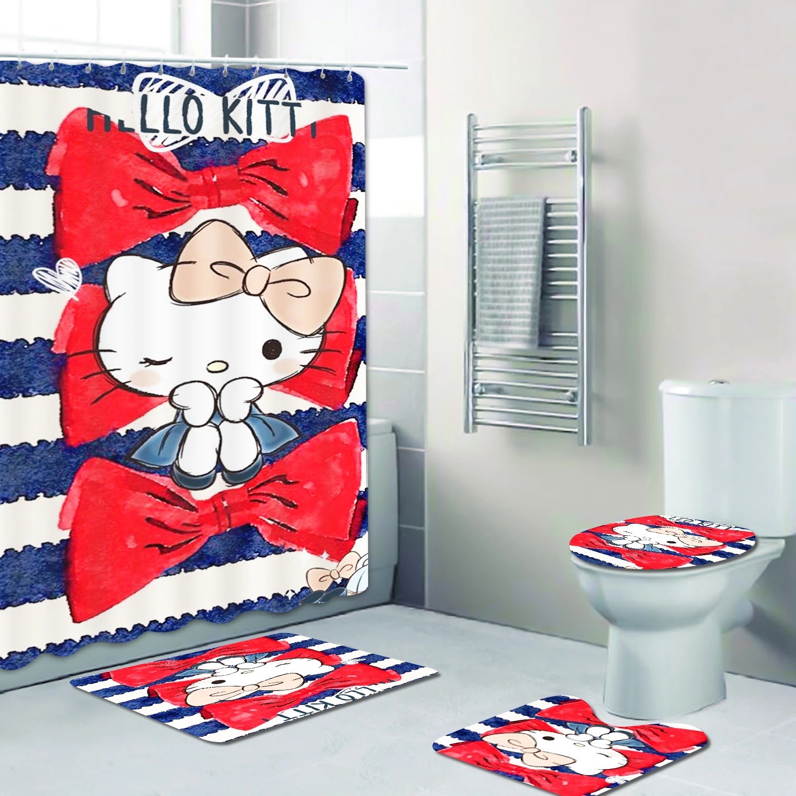 

Hello Kitty, Cute Cartoon Bathroom Curtain, Sanrio, 100% Polyester, Bathroom Curtain, Full Pink, Hook up Set Decorations, 4 Pcs