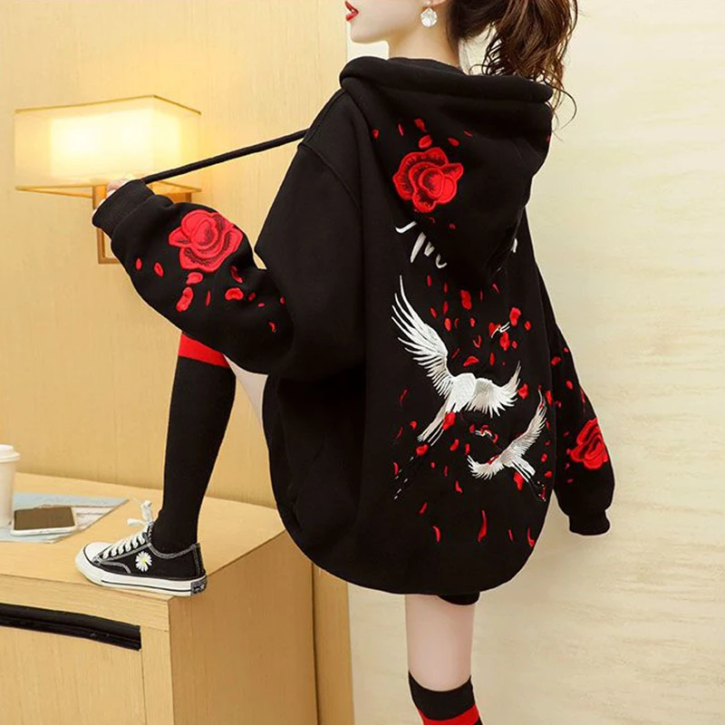 Autumn Embroidery Warm Hoodie Sweatshirt Women New Loose Coat Sweatshirt Outwear Hoodies Tops Clothes Hooded Tops Elegant Female