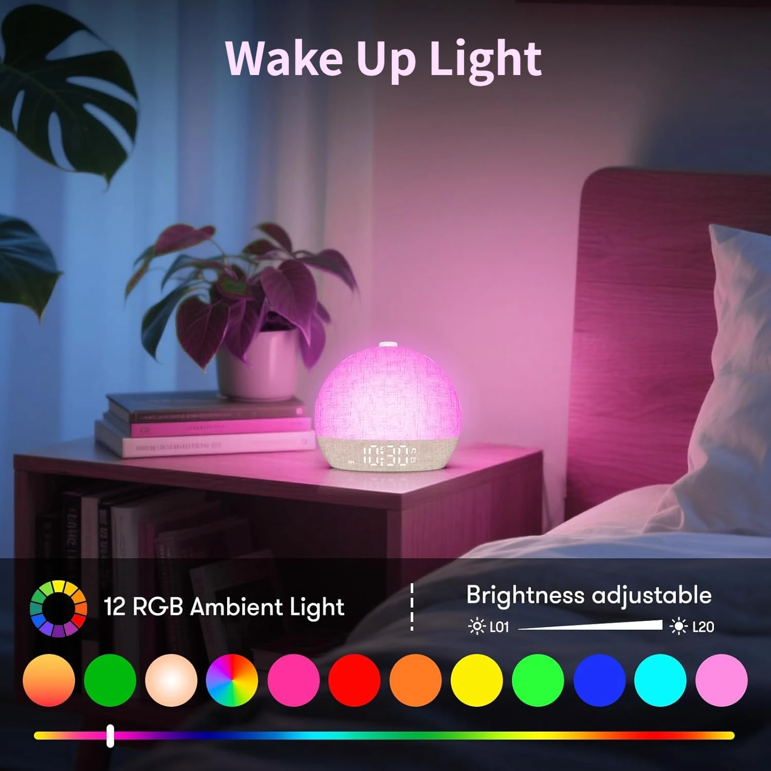 

Wake Up Lights Alarm Clock Sunrise/Sunset Simulation Dimmable RGB Ambient Light with White Noise Machine for Bedroom Ideal Gifts