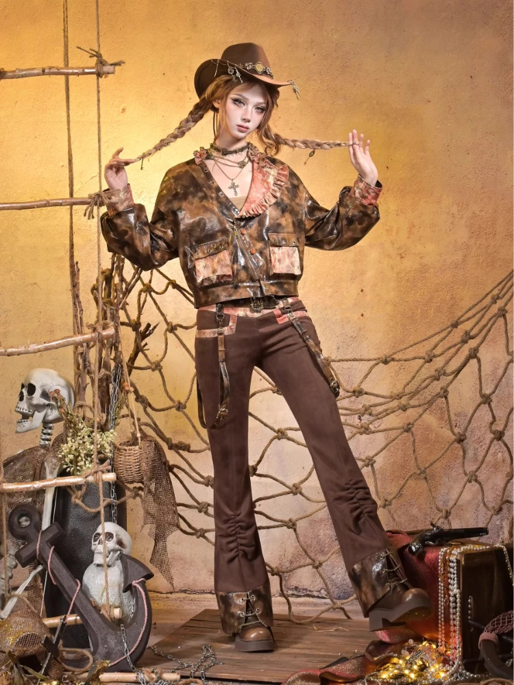 الملابس النسائية Y2k قصيرة سستة طويلة الأكمام سترة جلدية 2025 شتاء جديد اليابانية الشرير نمط تصميم رائع معطف جلد فو #2