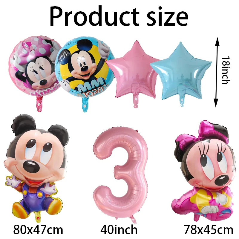 6pcs Disney Minnie Mickey Mouse Aluminium Foil Balloons Boys Girls Age 1-9th Birthday Party Kids Gifts Baby Shower Decoration