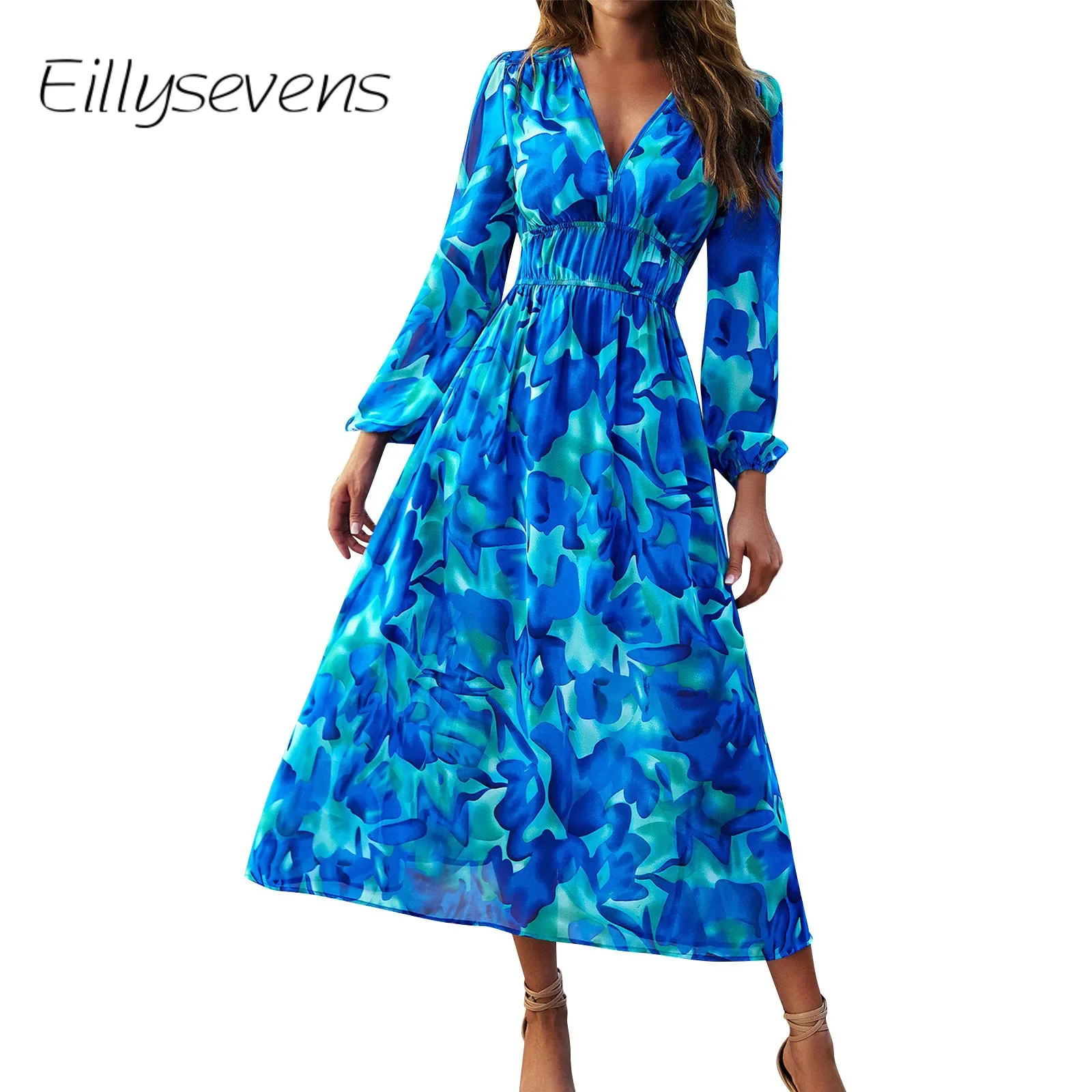 

Fashionable Women'S Dress Casual V-Neck Bright-Coloured Printed Dress With Sash Long Sleeve High Waist Summer New Dresses