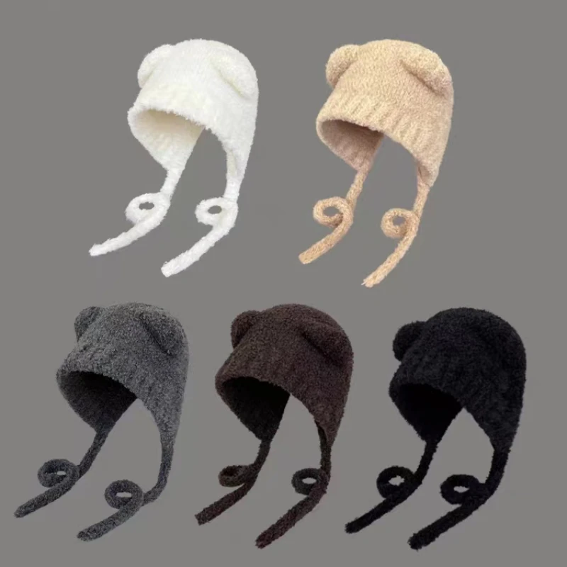 Autumn Winter Cute Bear Ear Thermal Knitted Hat Women with Tape Ear Protection Beanie Hat Japanese Korean Versatile Skullies Hat