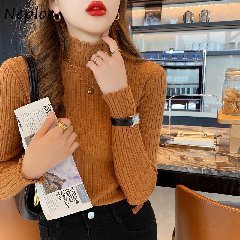 Neploe Thicked Commuter Ruffles Simple Sweet Pullovers Korea Chic Y2K Slim Fungus Undershirts Elegant All-match Knit New Knitted