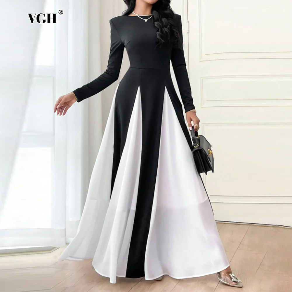 VGH Hit Color Temperament Slimming Dresses For Women Round Necck Long Sleeve High Waist Elegant Long Dress Female Fashion New