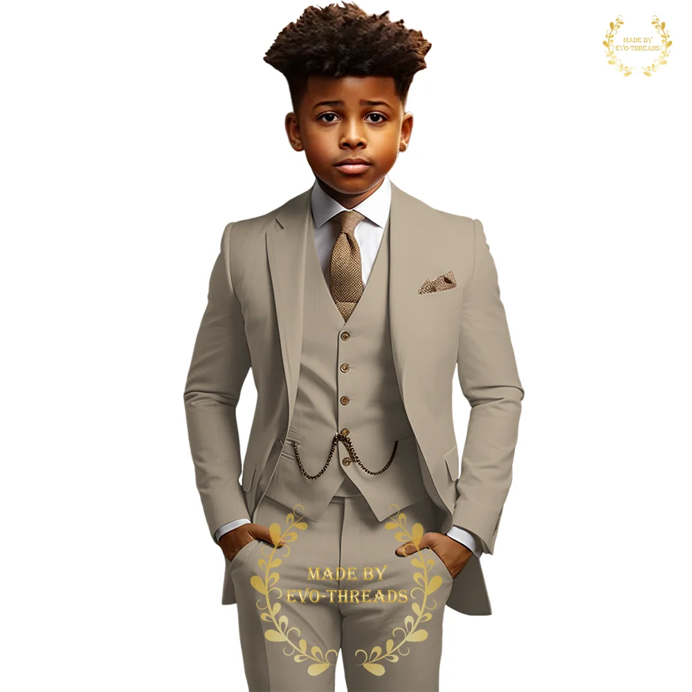 

Premium boy's suit 3 PCS khaki jacket vest pants set notch lapel slim fit blazer for wedding prom graduation party custom tuxedo