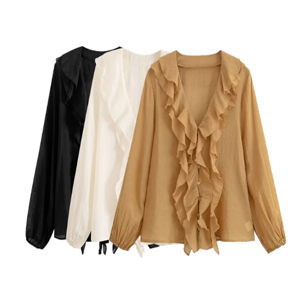 

Summer new women's casual loose layered decoration fluffy long sleeved V-neck shirt