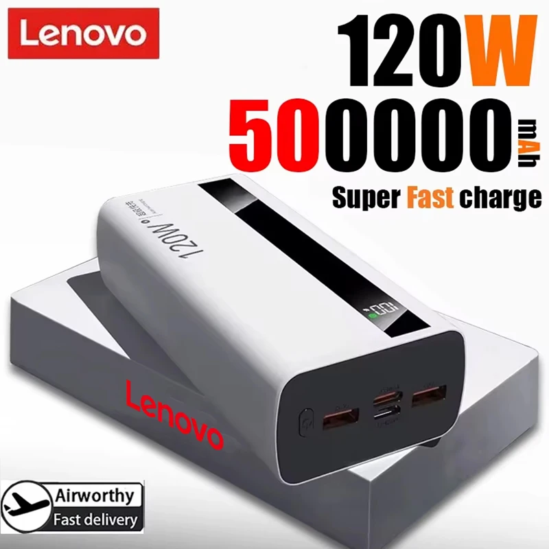 

Портативное зарядное устройство Lenovo 120W 500000 мАч с высокой емкостью и сверхбыстрой зарядкой для iPhone, Samsung, Xiaomi