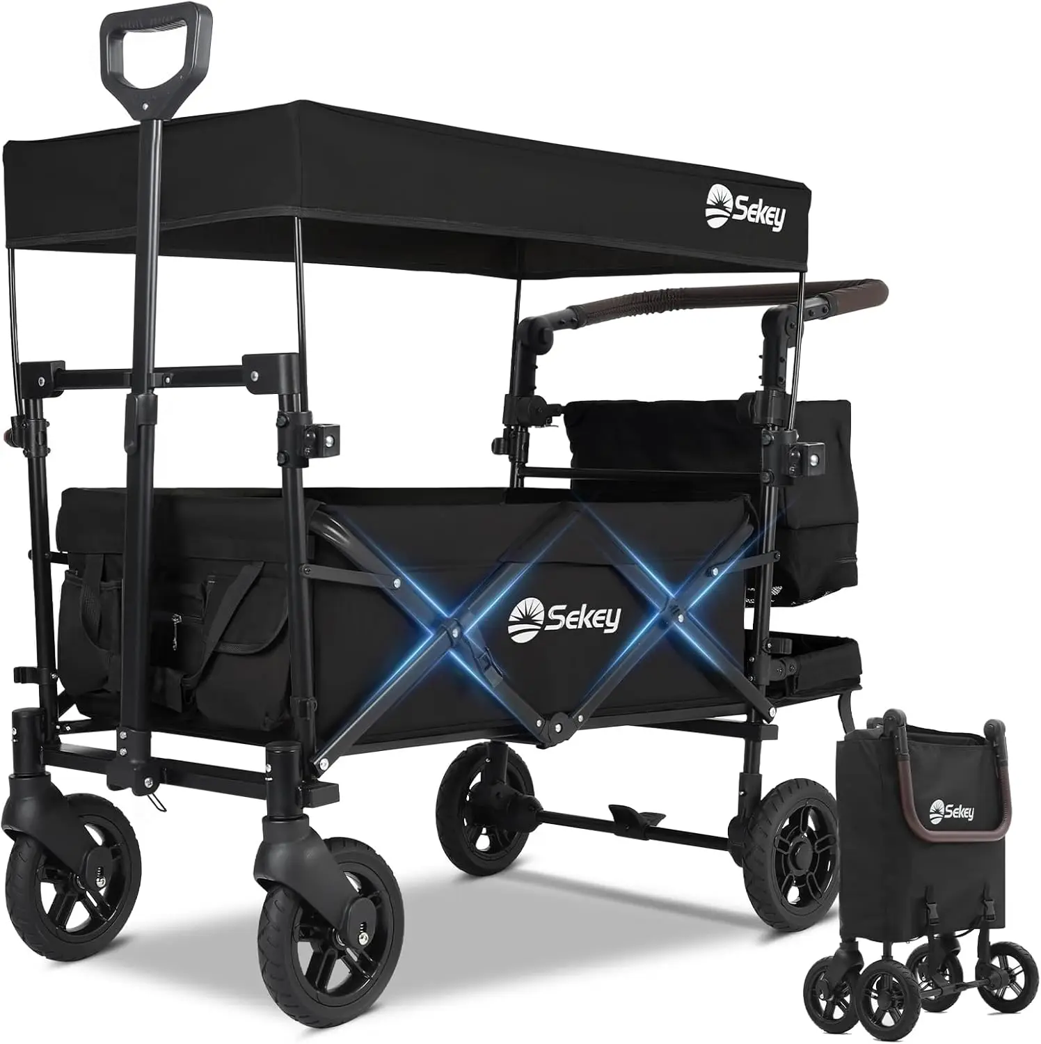 Chariot à main pliable et pliable avec auvent amovible, chariot à main poussoir 110L, roues en PU antichoc avec freins