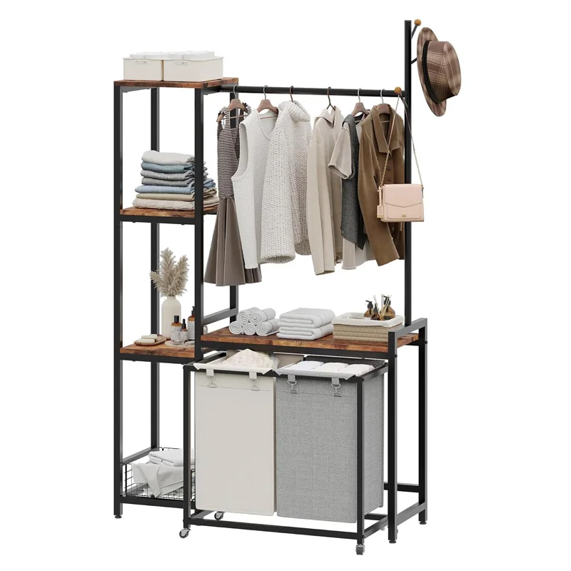 탈착식 가방 바퀴, 더러운 옷 바구니 선반, 세탁 분류기, 블랙 및 다크 브라운 2 섹션