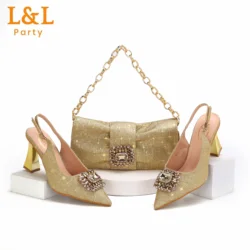 2024 Latest Italian Design African Women's High Heels Pointed Toe Sandals Party Wedding Party Gold Color Shoes and Bags Set