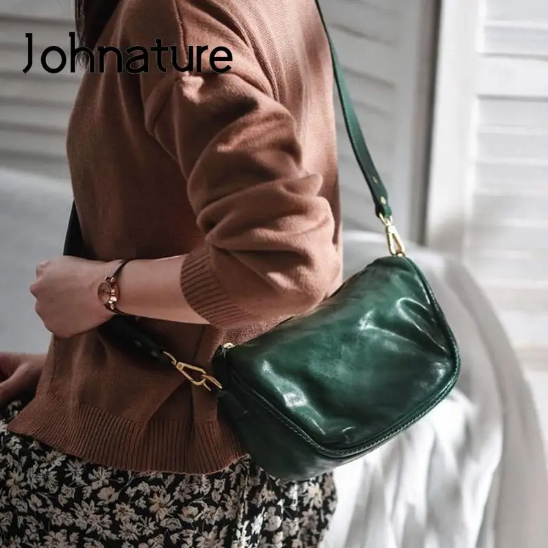 

Johnature 2024 New Genuine Leather Vintage Women Saddle Bag Simple Natural Soft Real Cowhide Shoulder & Crossbody Bags