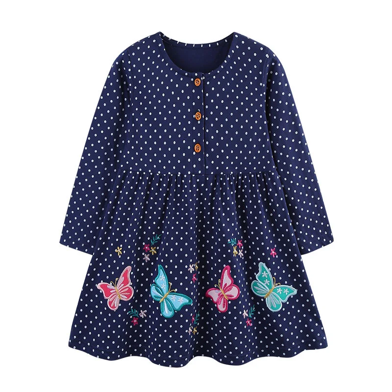 

Jumping Meters 2-7T Long Sleeve Butterfly Embroidery Princess Girls Dresses Polka Dots Buttons Children's Clothes Party Frocks