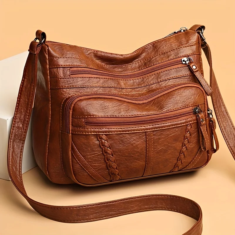 

Vintage PU Leather Crossbody Bag, Retro Multi Layer Shoulder Bag, Fashion Handbag & Purse for Women's Work Travel Messenger Bag