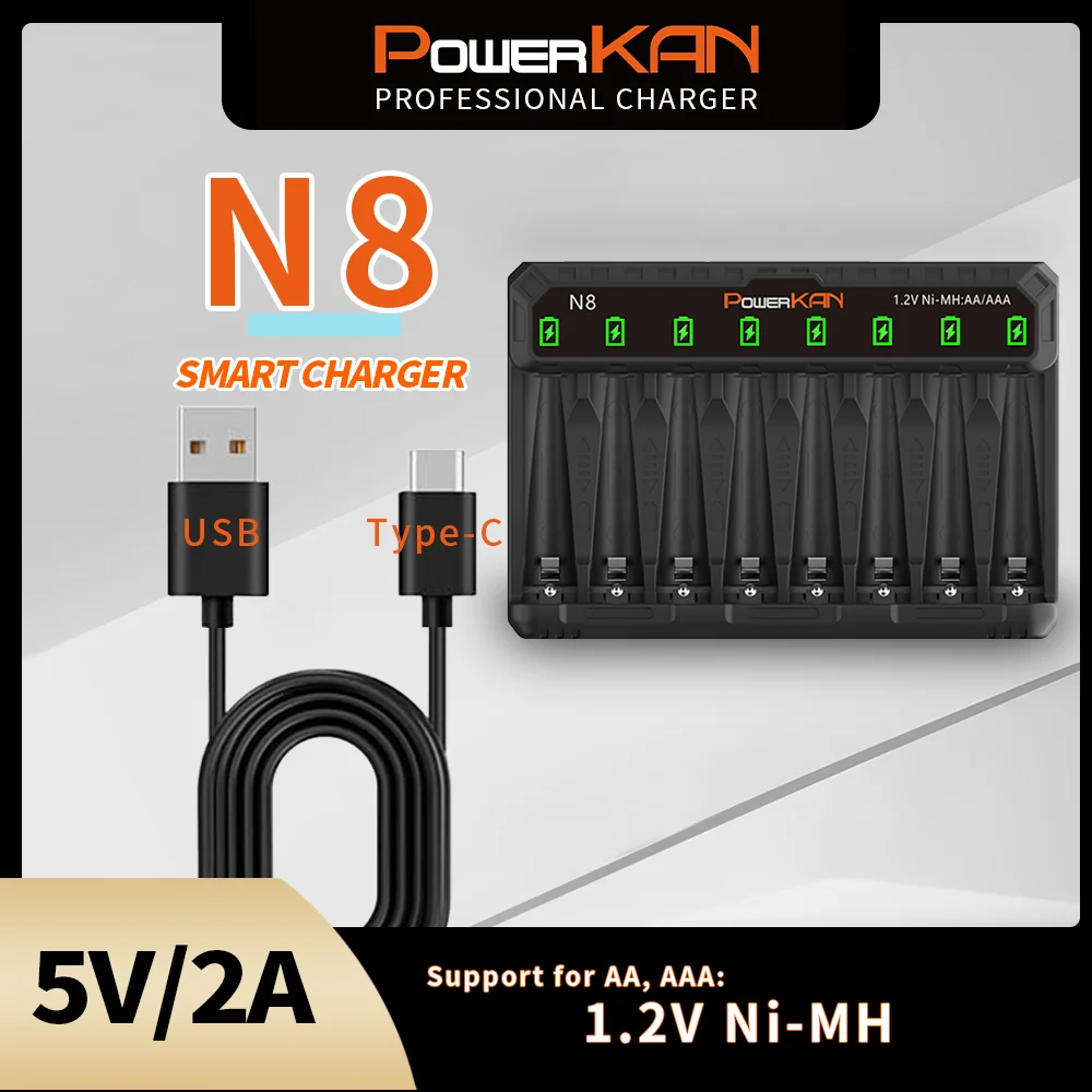 POWERKAN N8 Battery Charger LED can be independently used for 8 1.2V Ni-MH/Cd AA AAA rechargeable batteries USB 5V 2A Type-C