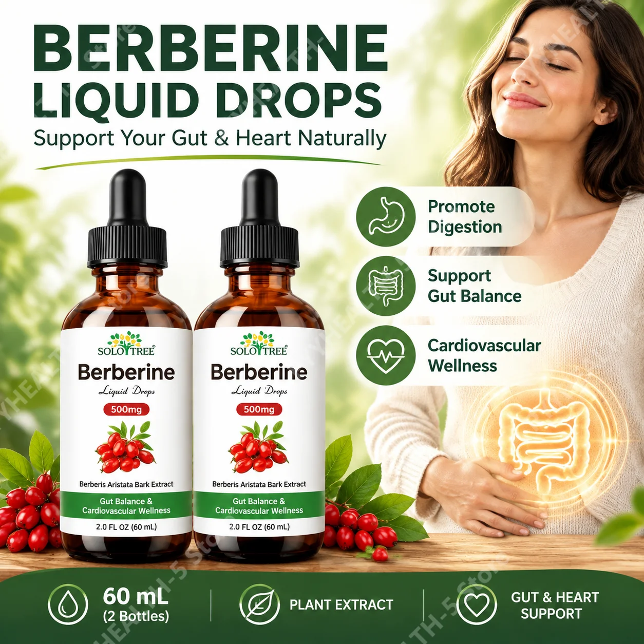 Berberine Liquid Drops 500mg Promote Digestion Berberis Aristata Bark Extract for Gut Balance Cardiovascular Wellness 60ml