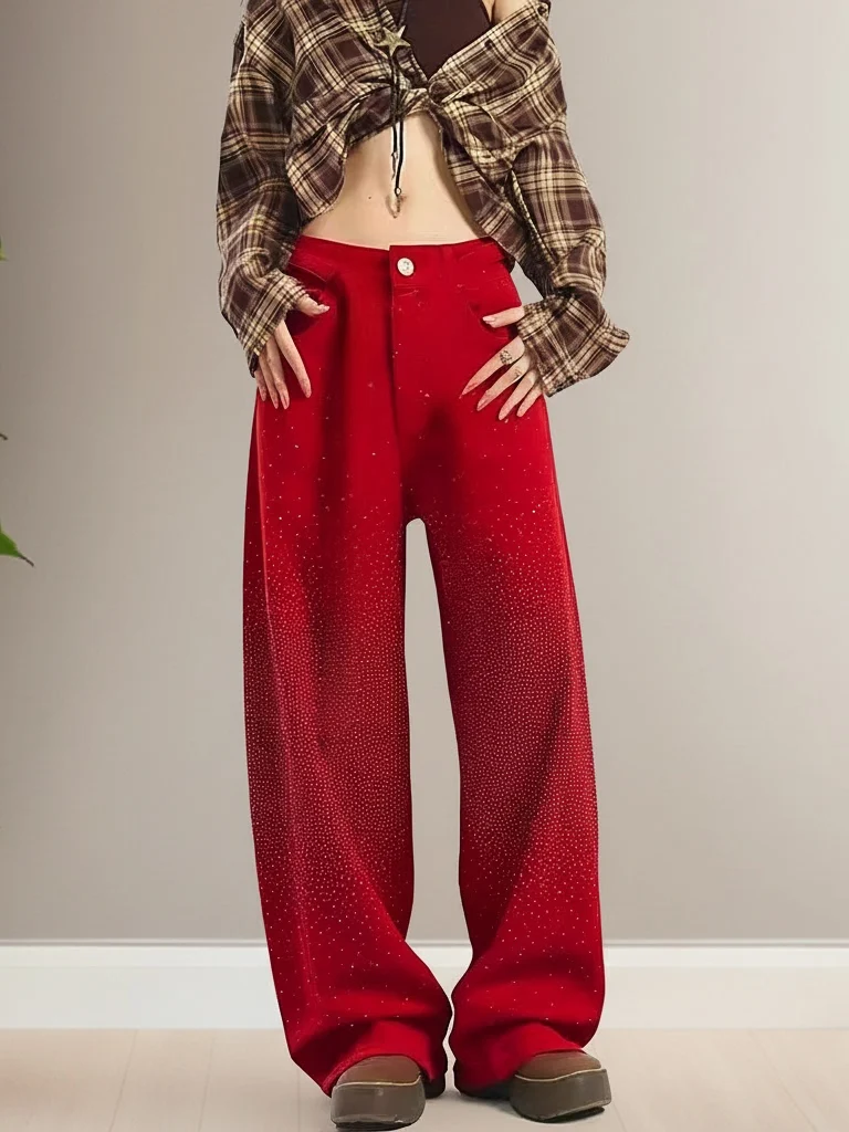 

Spring 2026 American Retro Heavy Du Rhinestone Red Knife Jeans Women Loose Slimming Floor Length Pants Casual Sle