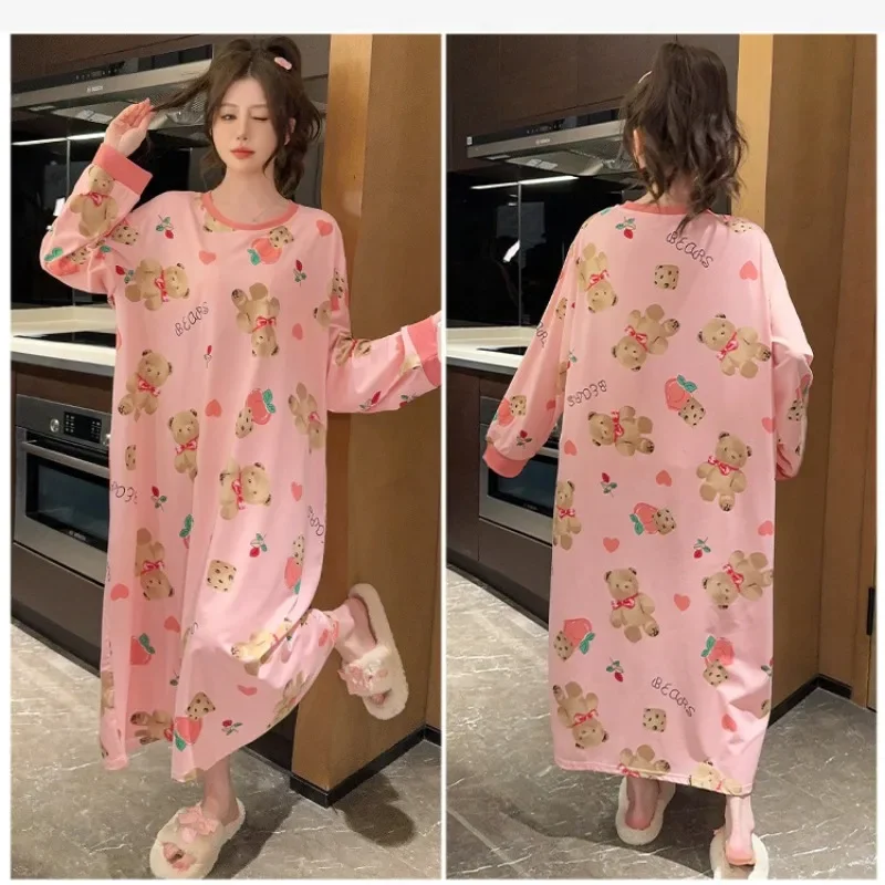 150kg Extra Large Loose Pajamas Women Cute Autumn Spring Long-sleeved Nightgown with Chest Pads Plus Size Home Dress Loungewear