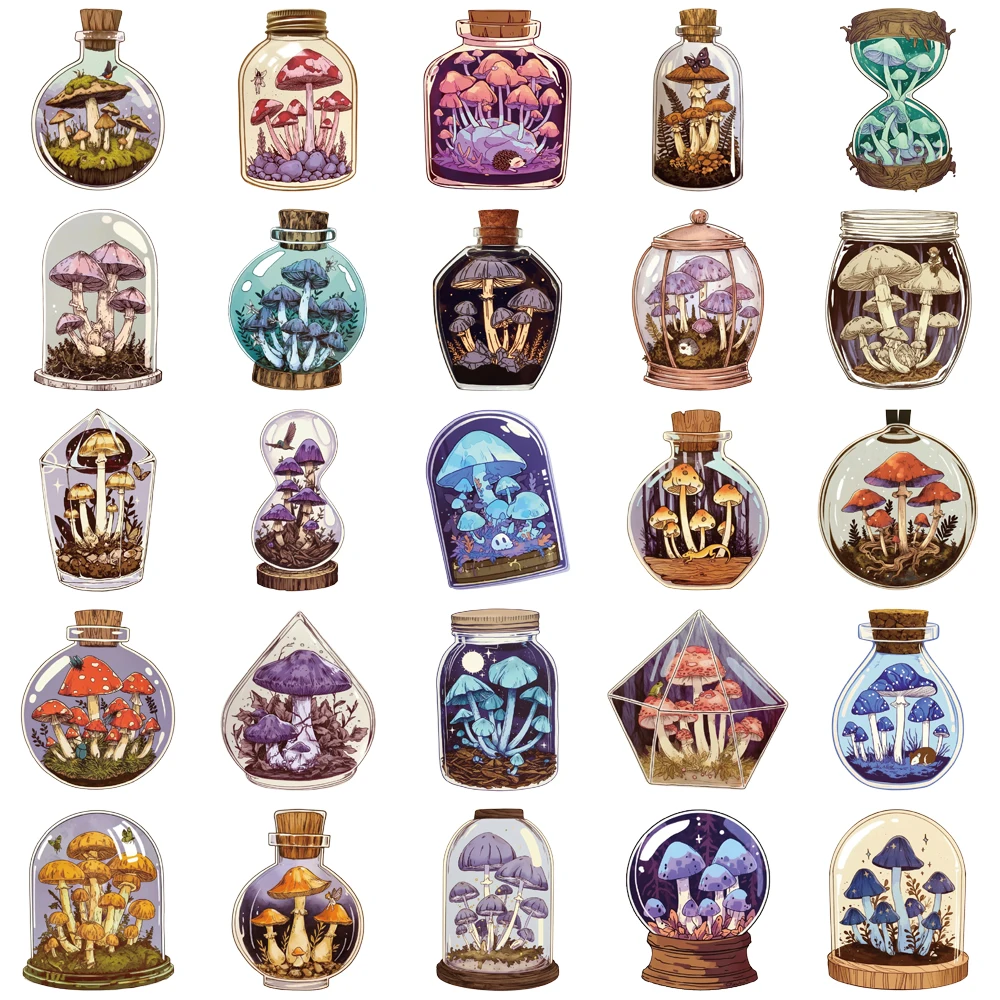 50PCS Creative Mushroom Bottle Cute Stickers Phone Case Decoration Notebook PET Transparent Material Personalized Stickers