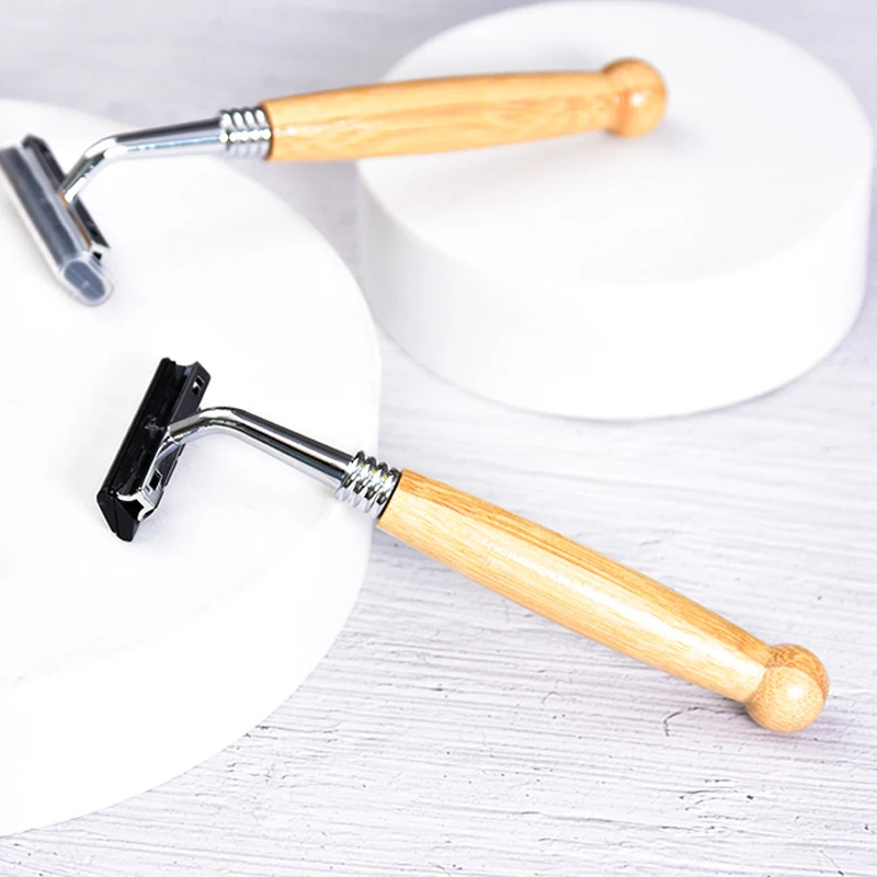Lâminas descartáveis para homens, barbeador manual de segurança, punho de bambu, cabeça de aço inoxidável, máquina de barbear do curso do hotel, casa
