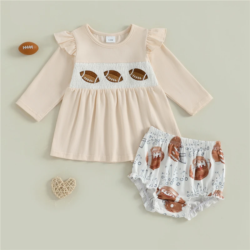 

Toddler Infant Girls 2 Piece Outfit Rugby Print Embroidery Long Sleeve Tops and Elastic Shorts Cute Fashion Clothes Set