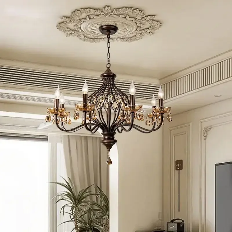 

French Retro Crystal Chandeliers Walnut Color Metal Pendant Lights for Living Dining Room Bedroom Led Lighting Lamp Indoor Decor