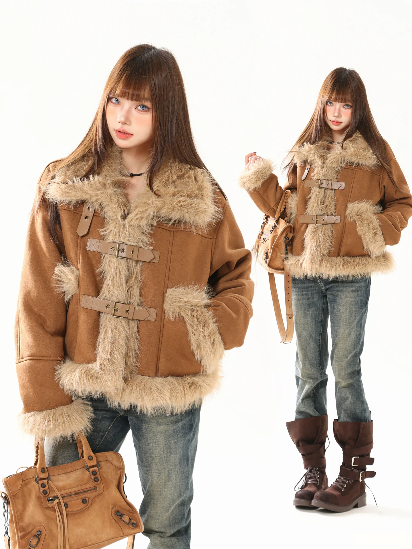 

Korean Retro Suede Fur ort Jaet Women's Autumn Winter New Loose Fur Collar Inteated Cotton Outerwear Comfortable Coat