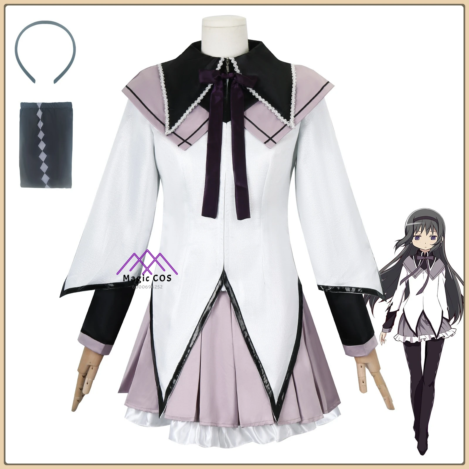 

Puella Magi Madoka Magica Homura Akemi Cosplay Full Set Black Dress +Wig+Choker+Gloves + Belt Women's Outfit for Comic Con Party