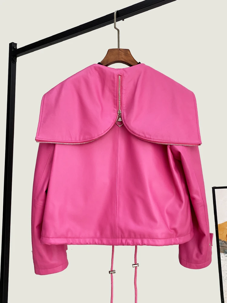 2025 Autumn New Genuine Leather Jacket For Women Navy Collar Sheepskin Leather Loose Fashionable Slim Hooded Drawstring Coat