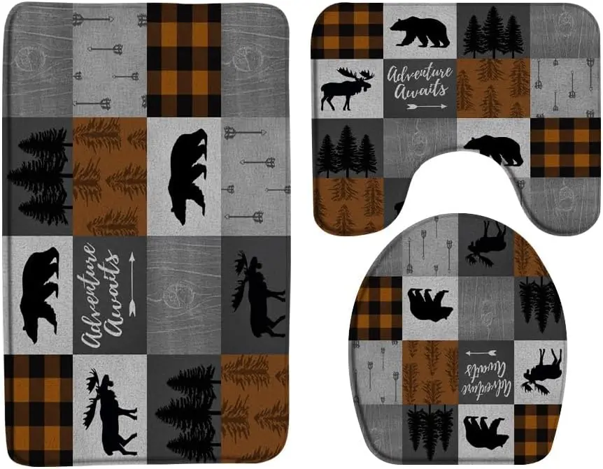 

3 шт. коврик для ванной в деревенском стиле с изображением медведя и оленя, кемпинговая ложа, охотничья оранжевая клетчатая пена с эффектом памяти, мягкая для ванной комнаты, кухни, спальни, гостиной