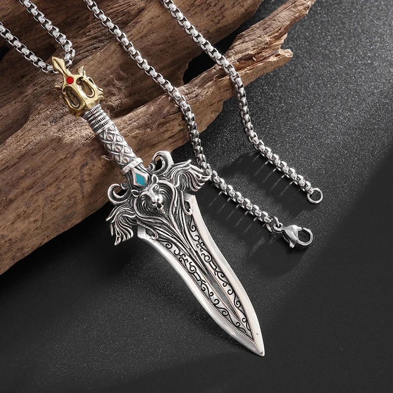 Retro Domineering Forest King Lion Head Knight Dragon Sword Pendant Necklace Men\\'s Gothic Punk Rock Party Nordic Jewelry