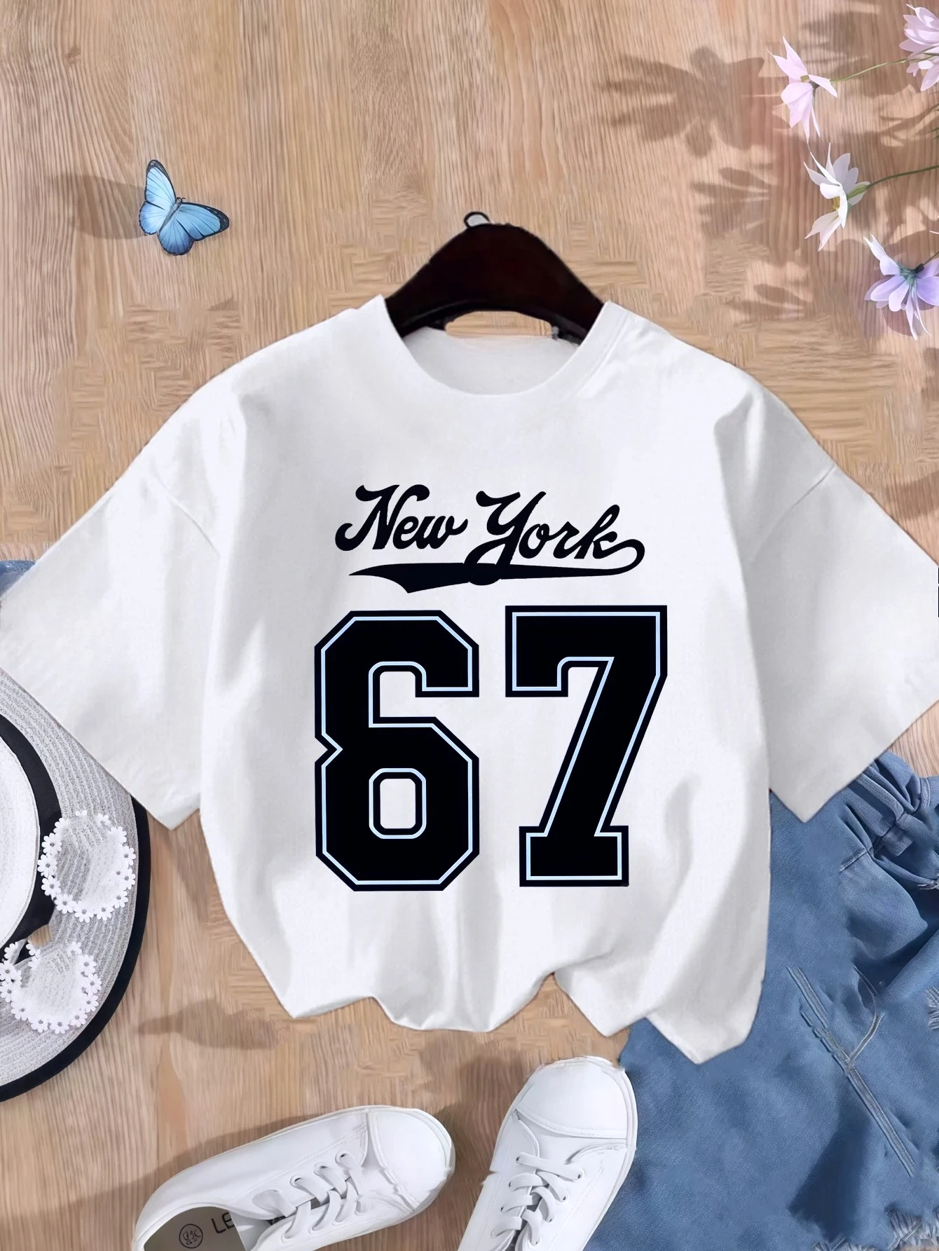 Girls' Number 67 New York Print Summer Short-Sleeve T-Shirt Pink Elastic Round Neck Children's Top Fashion Design Fashion Tops - view 2