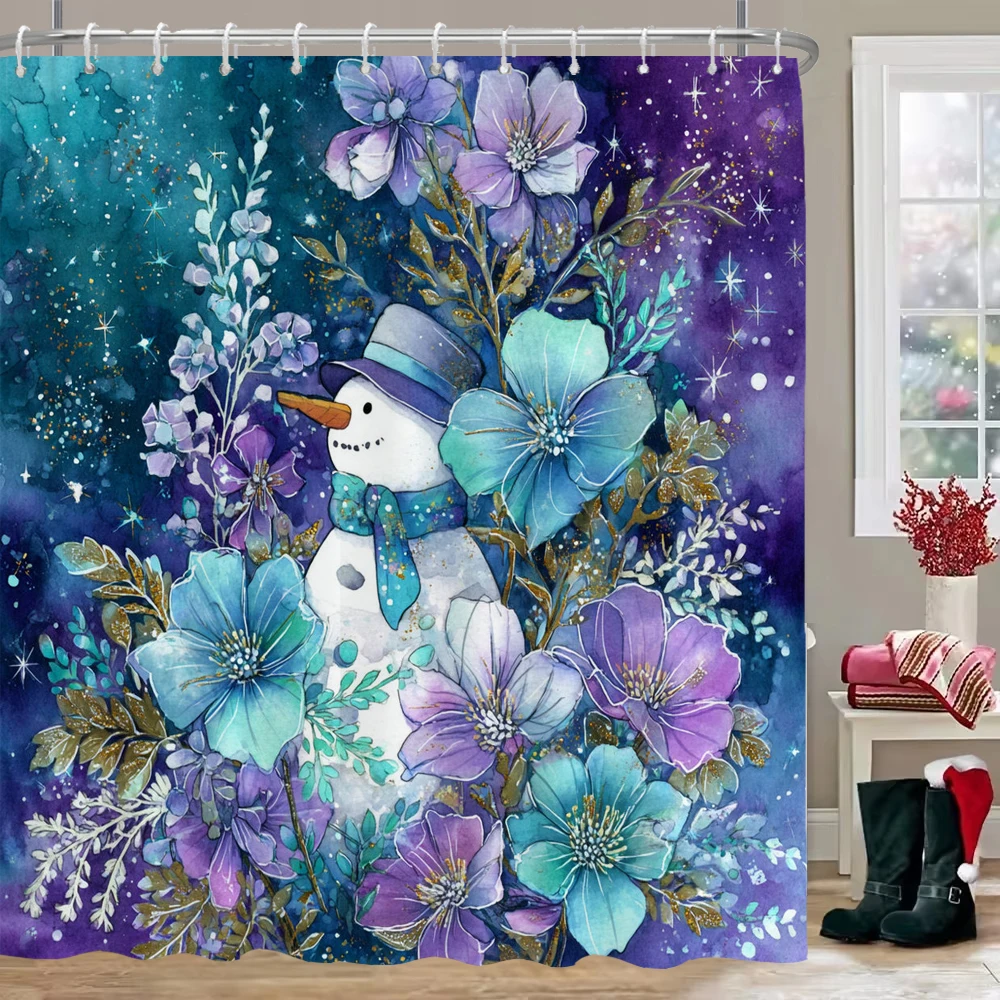 

1pc Merry Christmas Shower Curtain Print Snowman Shower Partition Hanging Curtain with Hooks Multiple Sizes Machine Washable