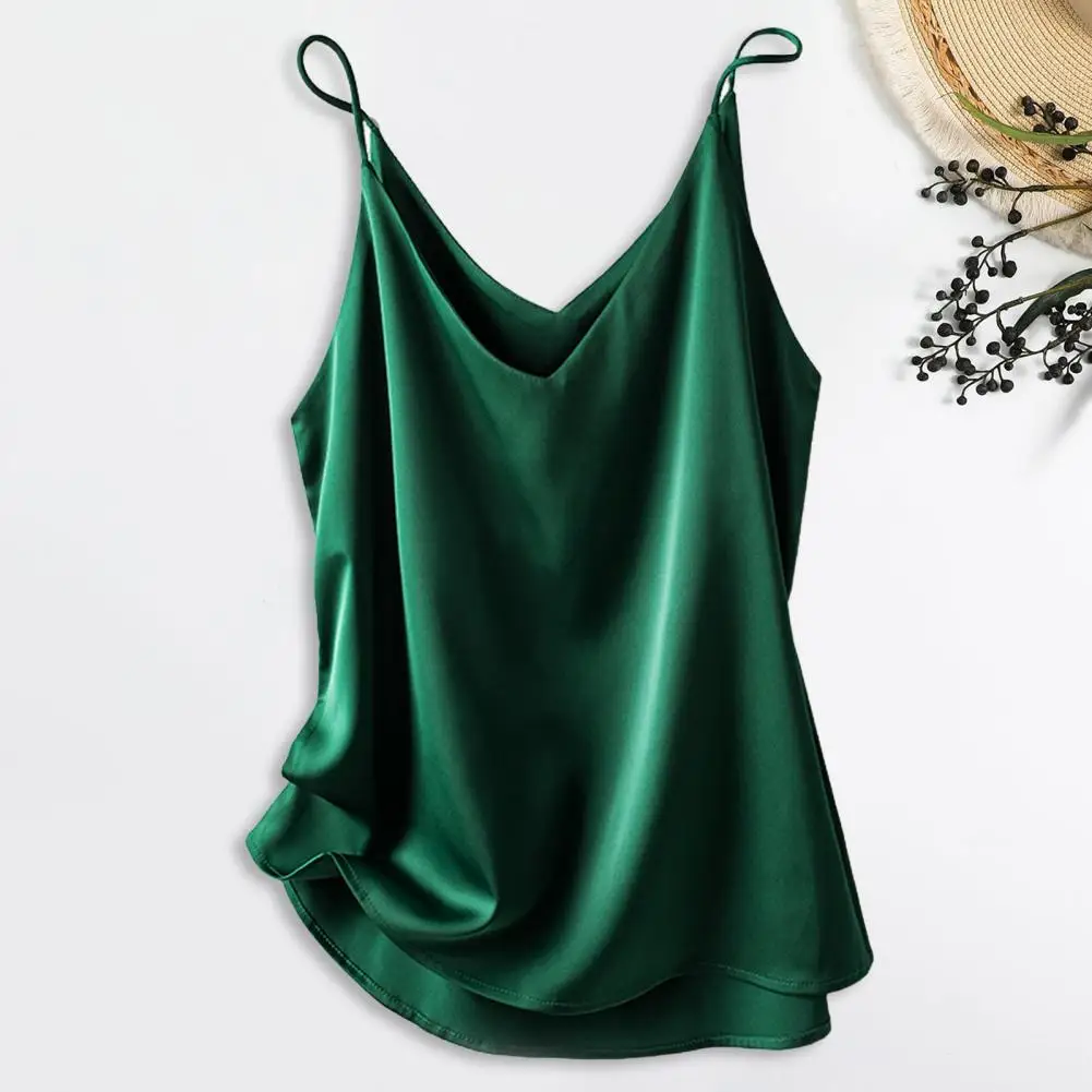 Women Sling Vest V-neck Sleeveless Smooth Satin Camisole Loose Fit T-shirt Solid Color Tank Tops Imitation Silk Bottoming Tops